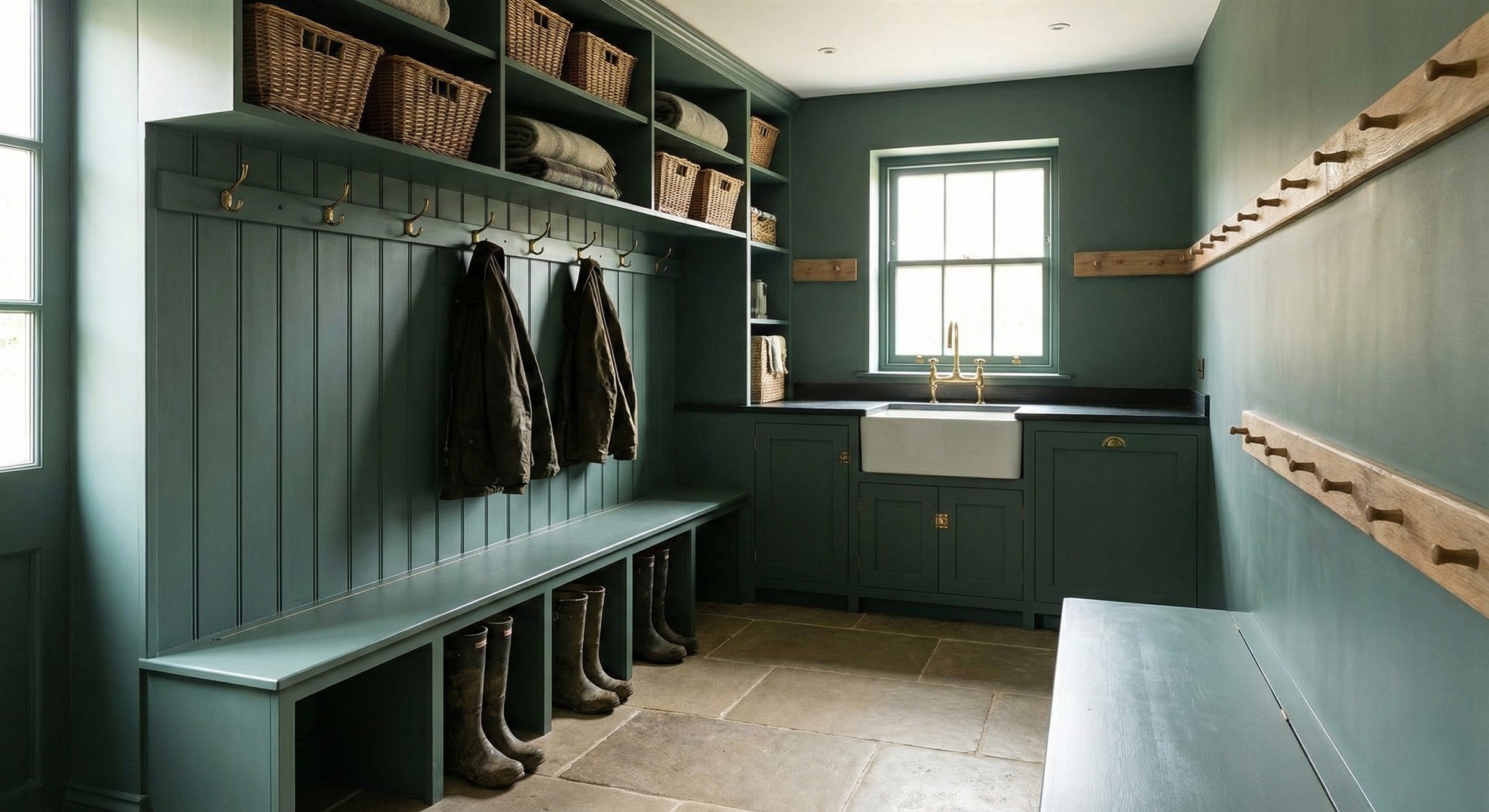 Bespoke boot room cabinetry in Cambridge with traditional painted joinery
