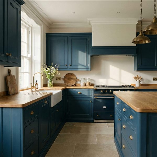 Handmade dark blue kitchen cabinetry