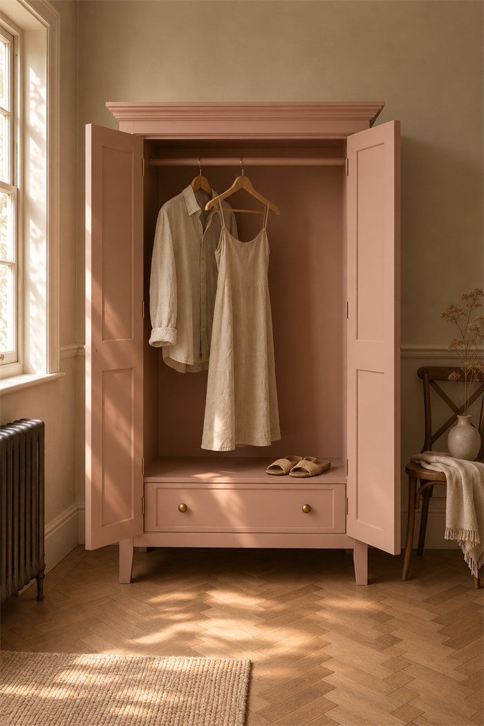 Painted Wardrobe, doors open, showing hanging rail and internal bottom drawer